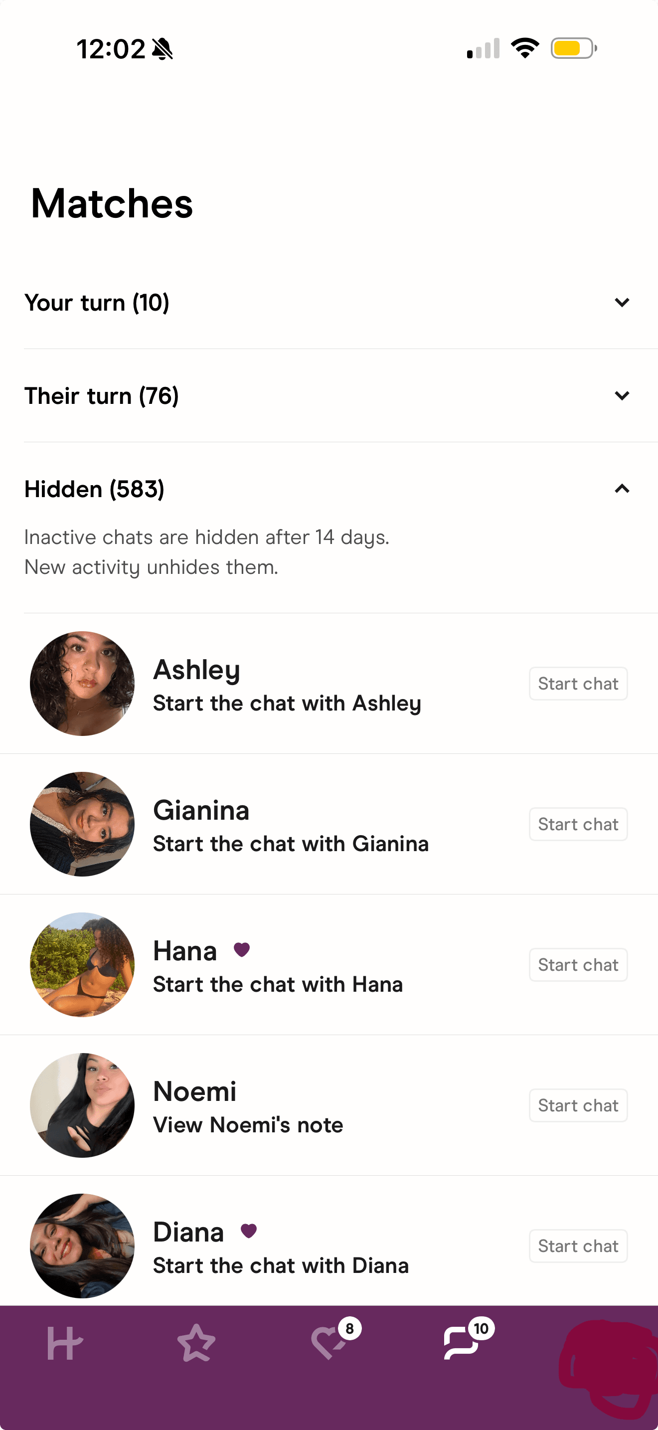 Hinge inbox: 10 Your turn, 76 Their turn, 583 Hidden matches